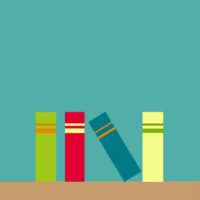 四本书放在一个蓝绿色背景的书架上。