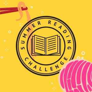 黄色的背景，黑色的文字在一个圆圈“夏季阅读挑战”，用筷子夹着面条和一个粉红色的贝壳在两个角。