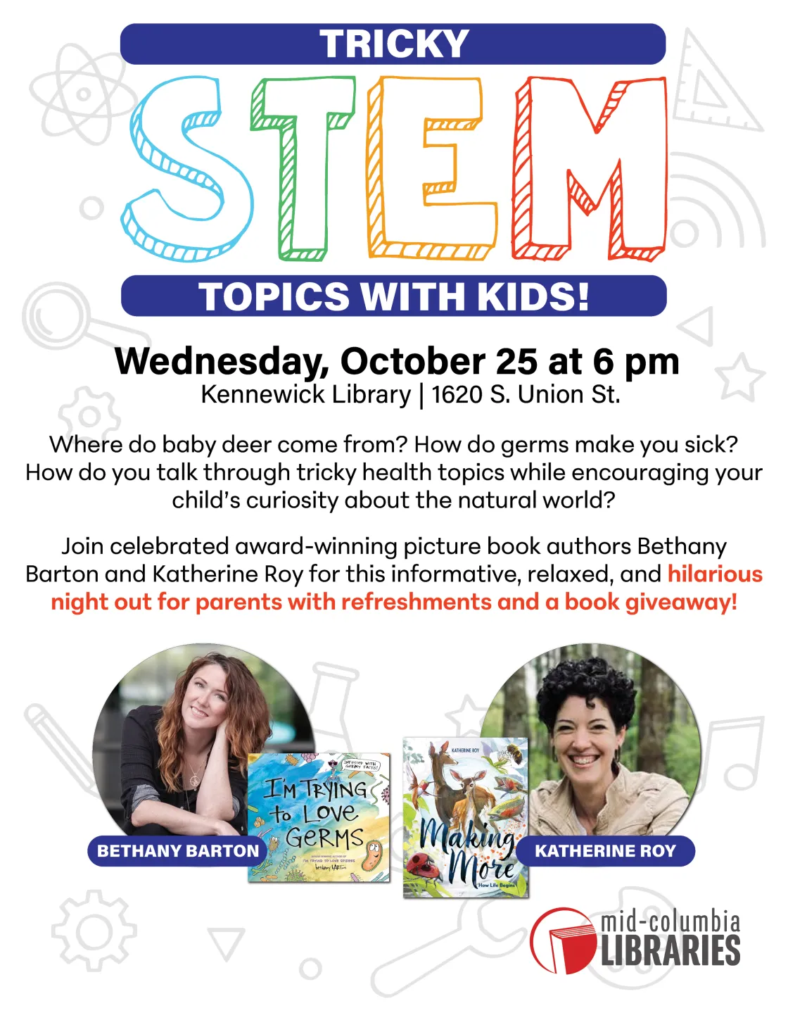 Poster Promoting Author Visit about how to discuss tricky STEM topics for kids